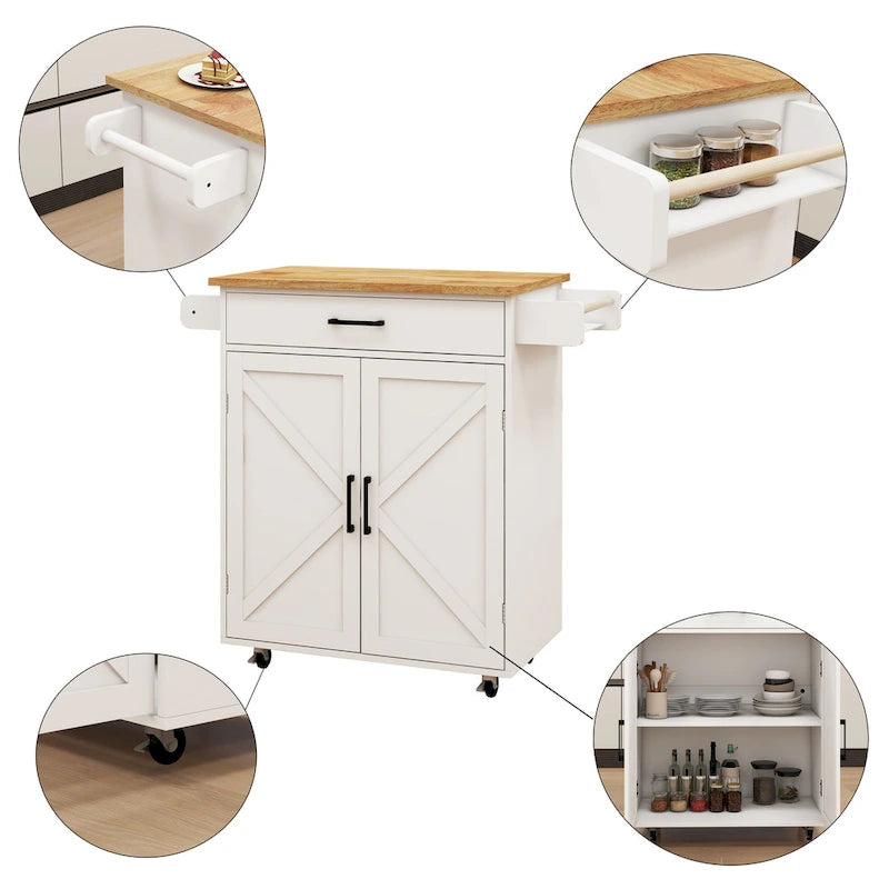 Rolling Kitchen Island with Rubberwood Top