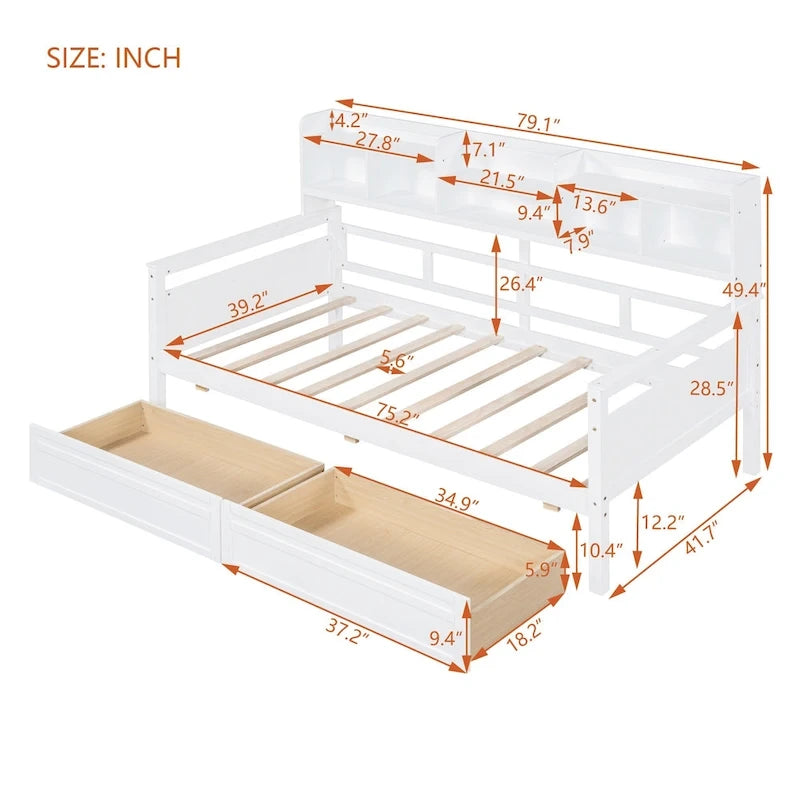 Twin Daybed with Storage Drawers & Shelf