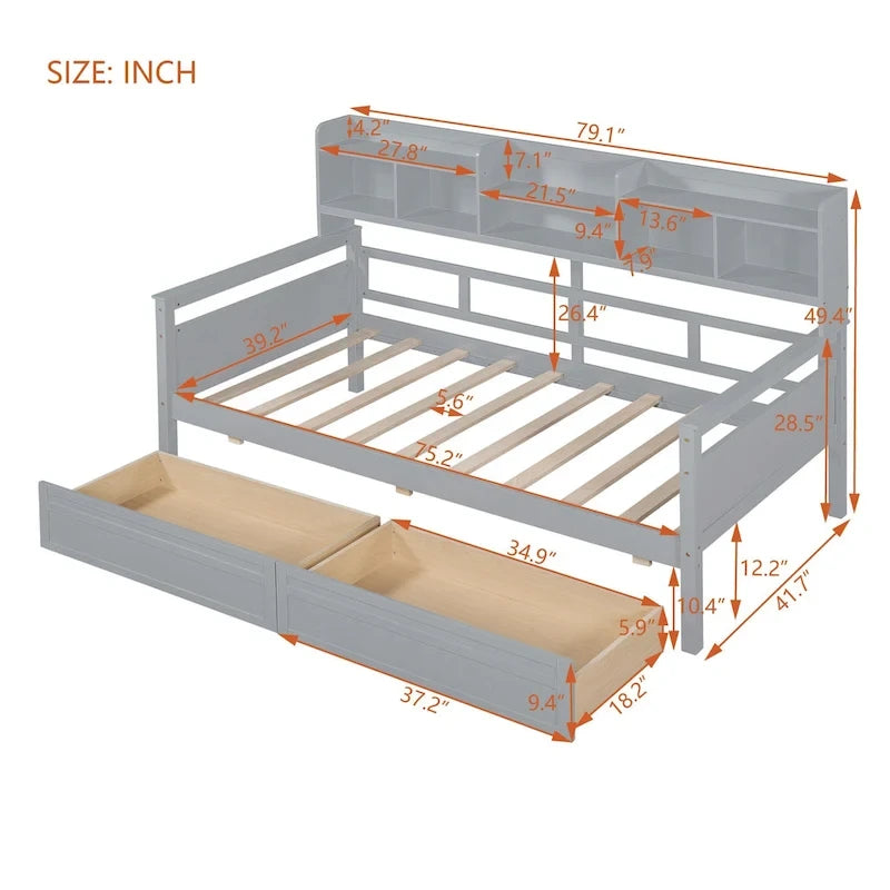Twin Daybed with Storage Drawers & Shelf