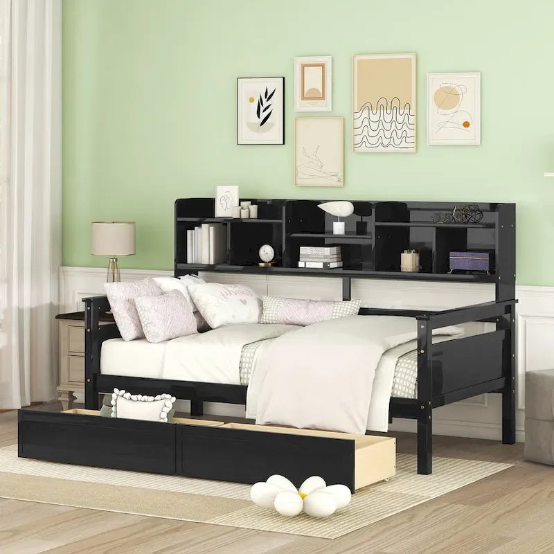 Twin Daybed with Storage Drawers & Shelf