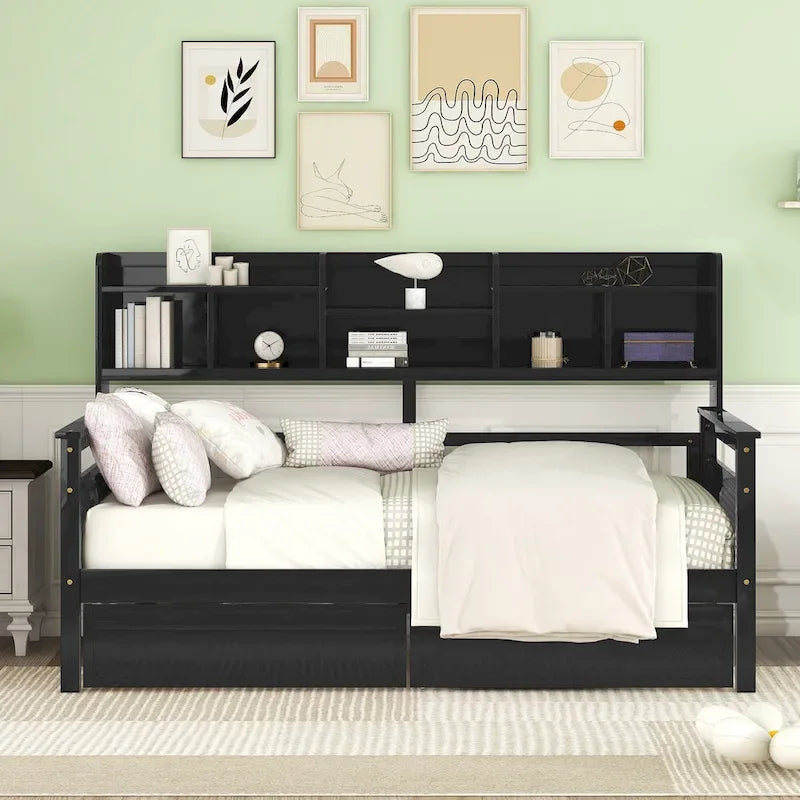 Twin Daybed with Storage Drawers & Shelf