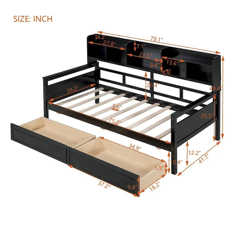 Twin Daybed with Storage Drawers & Shelf