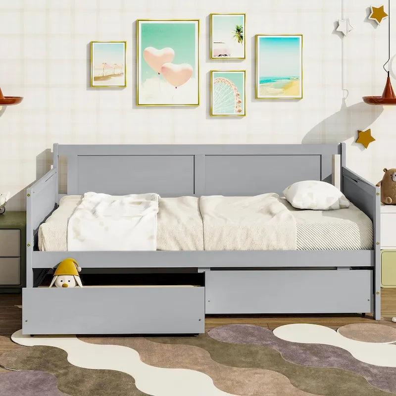 Twin Size Daybed Pine Wood Sofa Bed Frame with 2 Storage Drawers