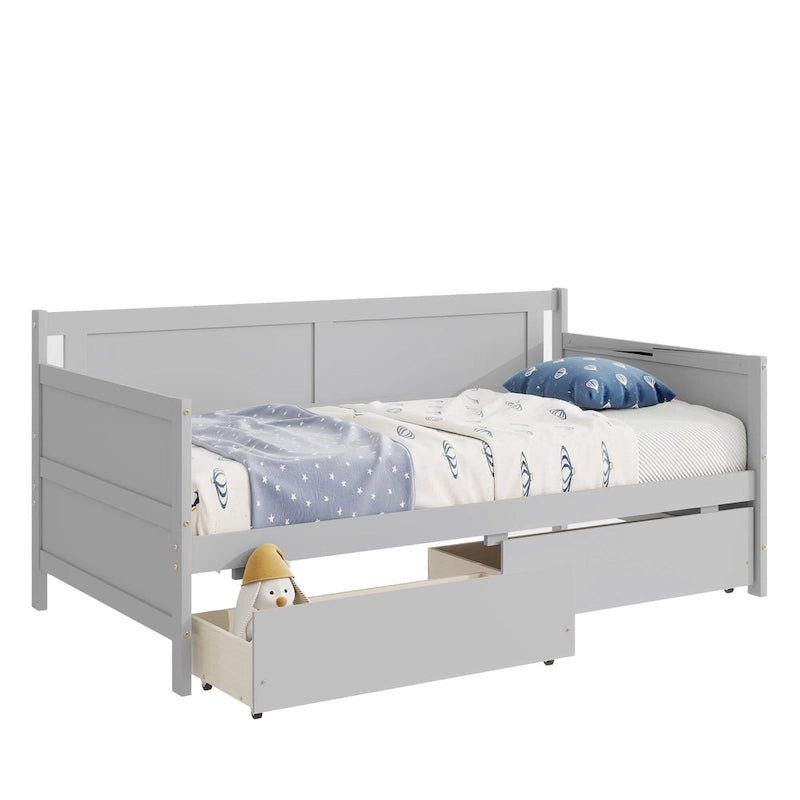 Twin Size Daybed Pine Wood Sofa Bed Frame with 2 Storage Drawers