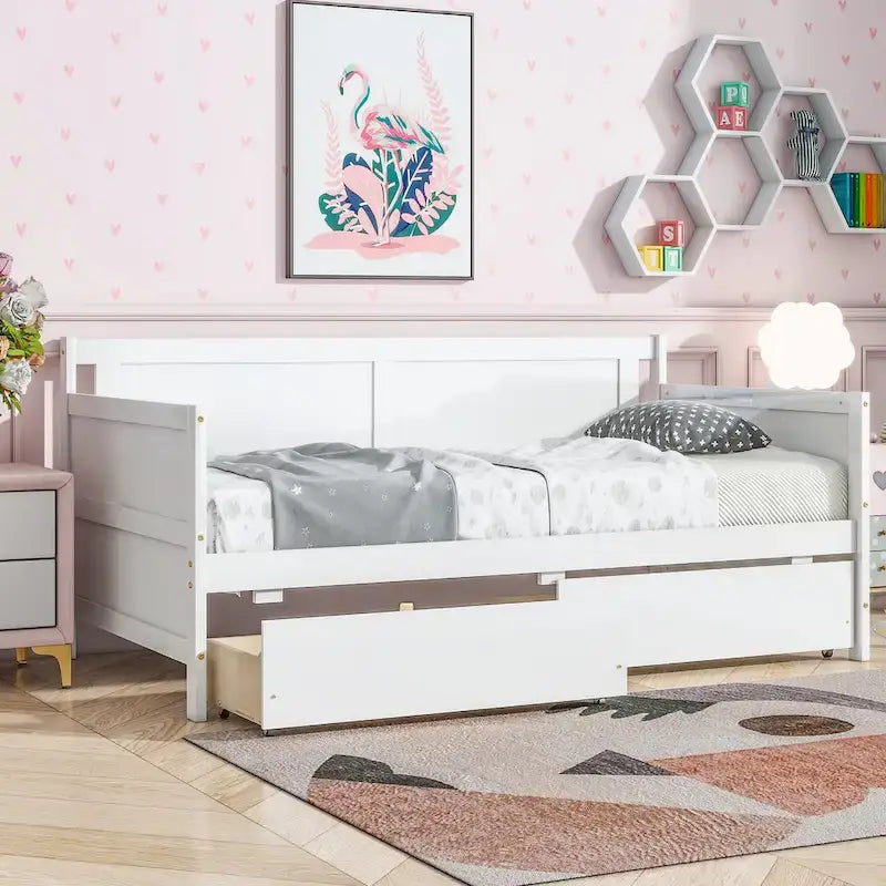 Twin Size Daybed Pine Wood Sofa Bed Frame with 2 Storage Drawers