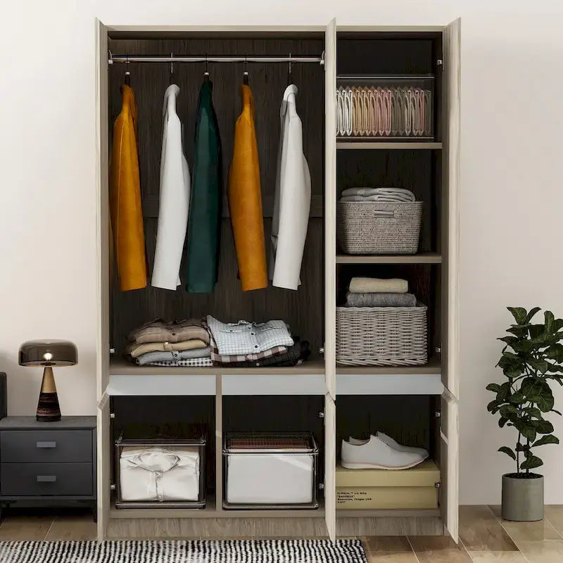 Freestanding Armoire Wardrobe Bedroom Clothing Storage Cabinet with Clothes Rail 6-Door Wooden Wardrobe Closet