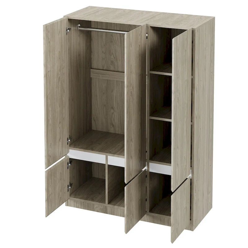 Freestanding Armoire Wardrobe Bedroom Clothing Storage Cabinet with Clothes Rail 6-Door Wooden Wardrobe Closet