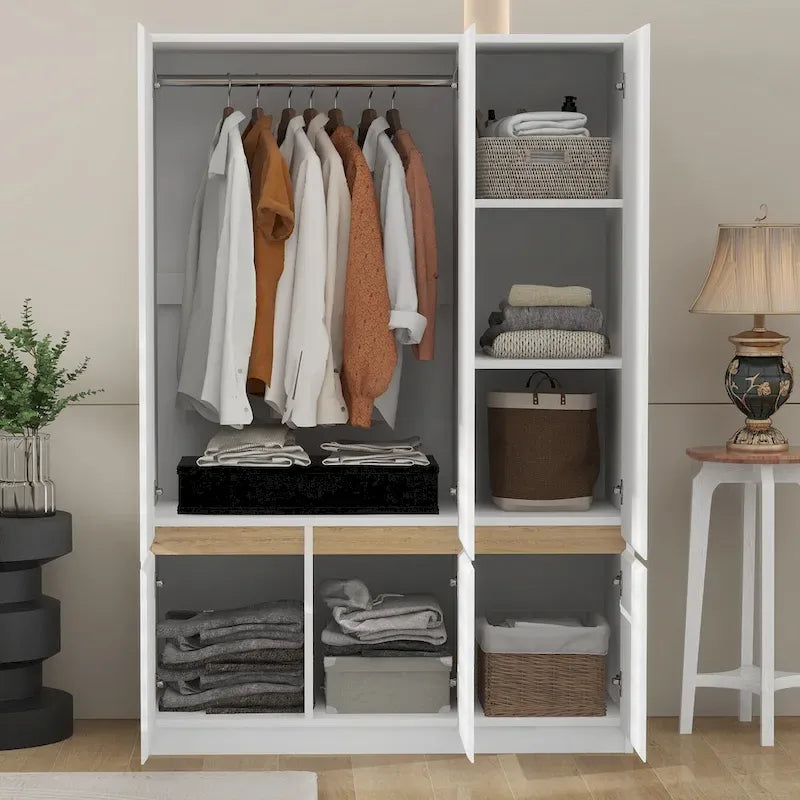 Freestanding Armoire Wardrobe Bedroom Clothing Storage Cabinet with Clothes Rail 6-Door Wooden Wardrobe Closet