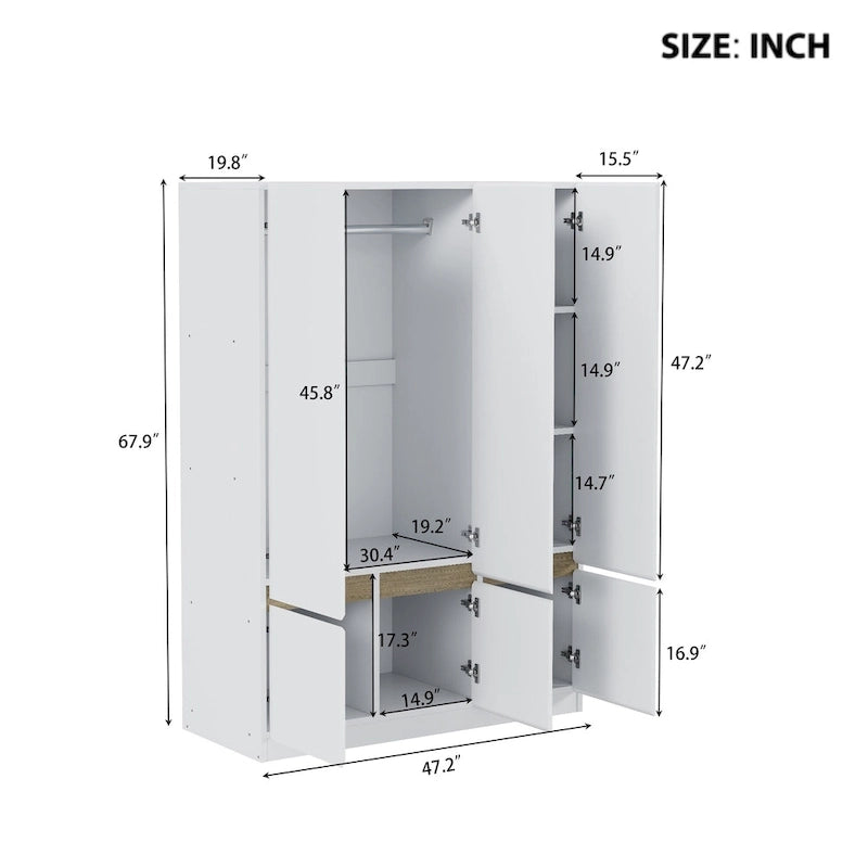 Freestanding Armoire Wardrobe Bedroom Clothing Storage Cabinet with Clothes Rail 6-Door Wooden Wardrobe Closet