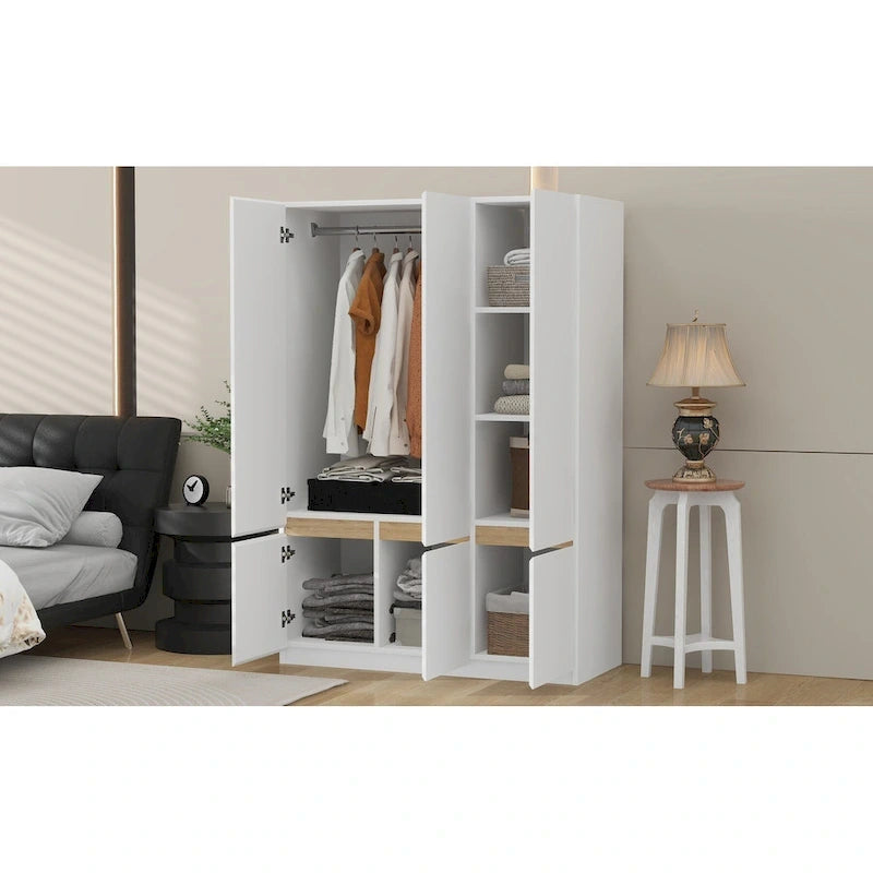 Freestanding Armoire Wardrobe Bedroom Clothing Storage Cabinet with Clothes Rail 6-Door Wooden Wardrobe Closet