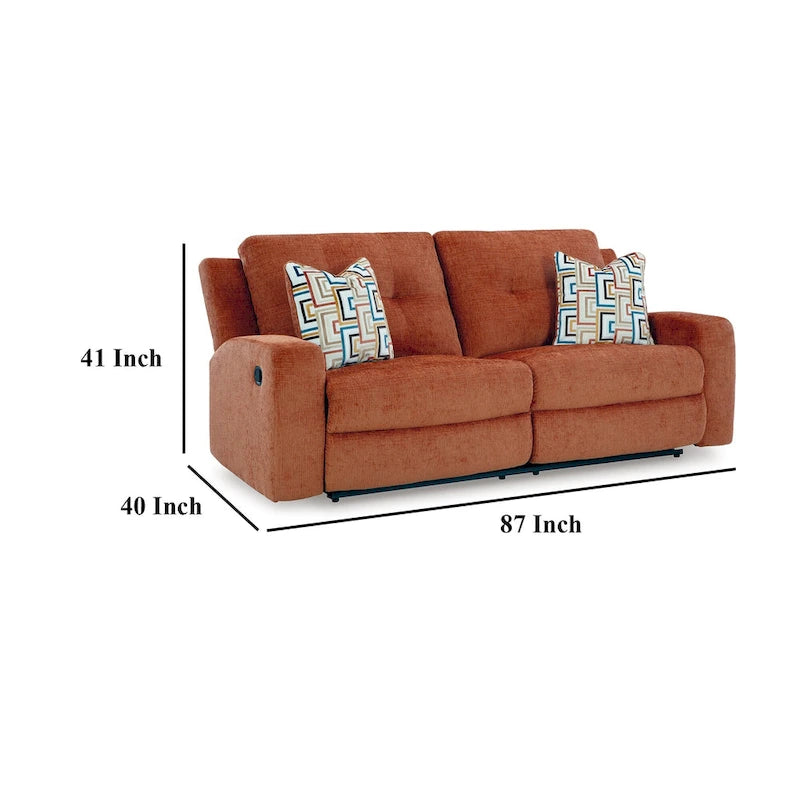 Genna Manual Recliner Sofa, Spice Orange Polyester, 2 Pillow 87 Inch