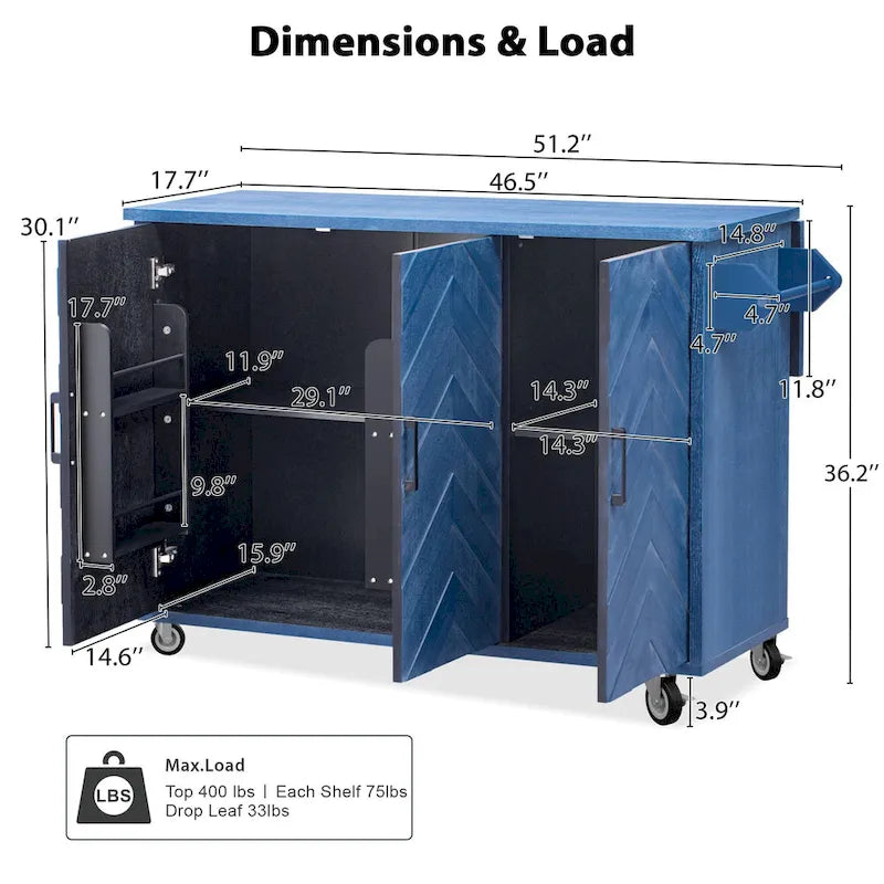 51.2W Kitchen Island with Drop Leaf, Farmhouse Kitchen Island on Wheels with Internal Storage Rack Rolling Kitchen Cart
