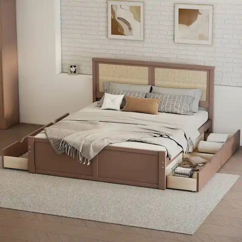 Lit plate-forme de rangement avec tête de lit en rotin