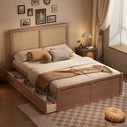 Wood Storage Platform Bed with 4 Drawers and Rattan Headboard