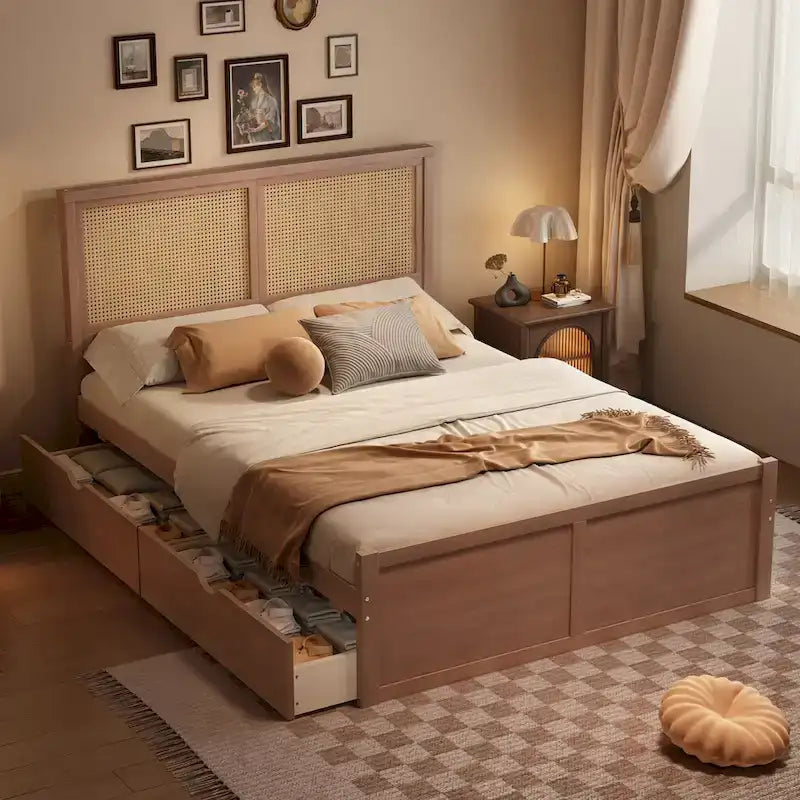 Wood Storage Platform Bed with 4 Drawers and Rattan Headboard