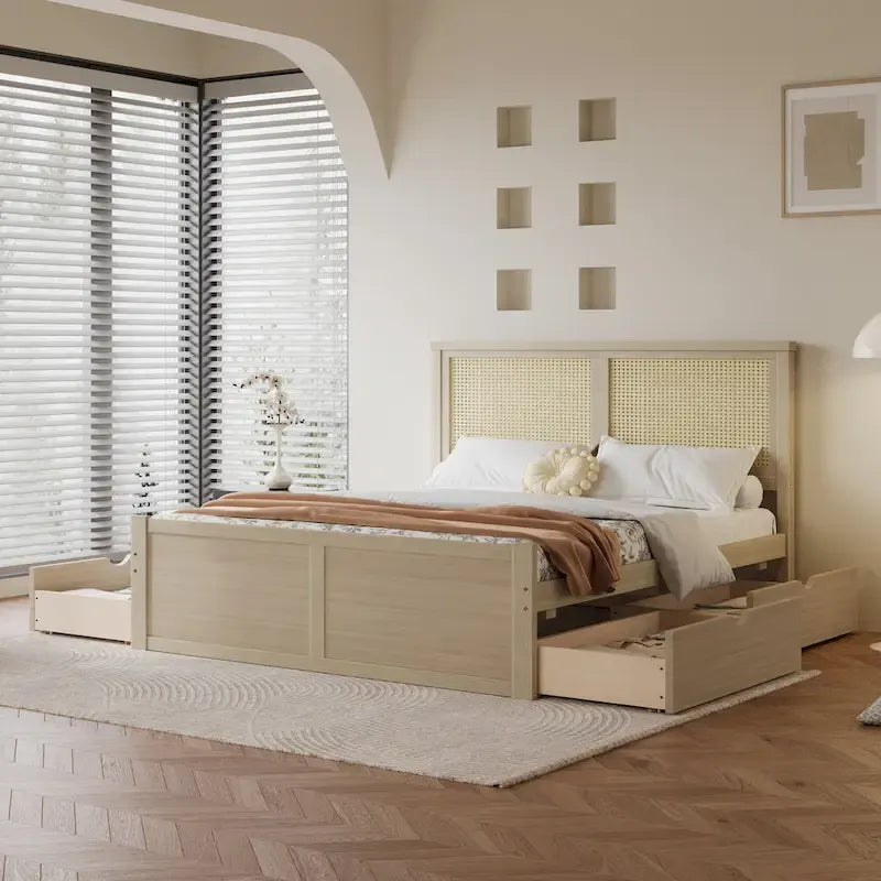 Wood Storage Platform Bed with 4 Drawers and Rattan Headboard