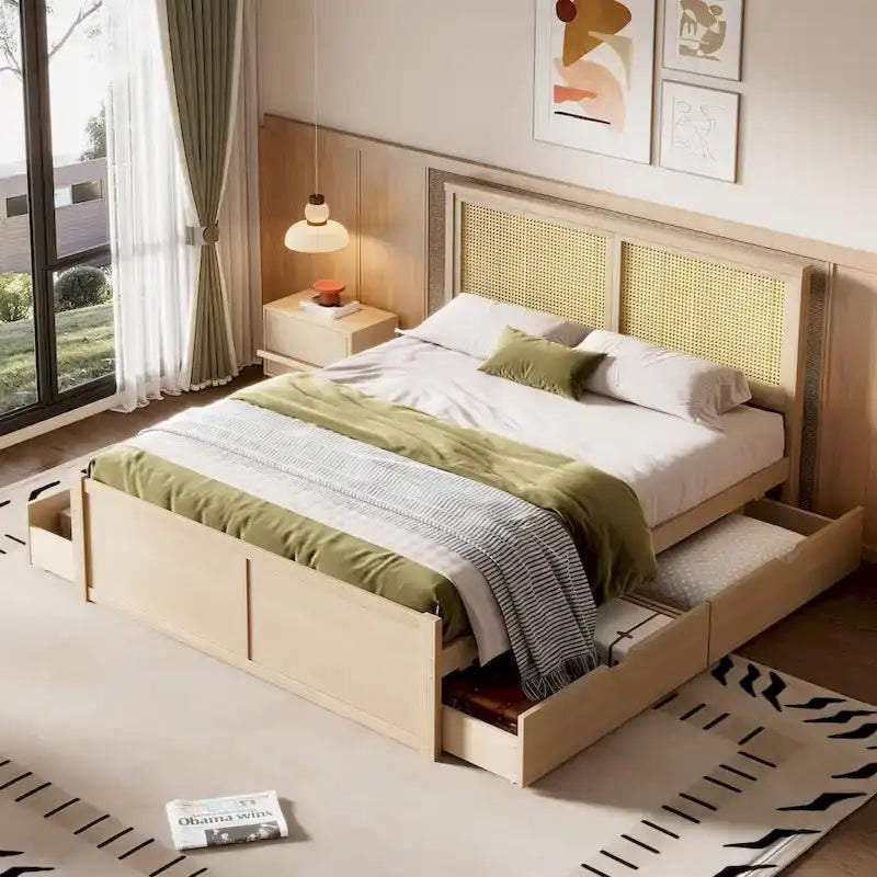 Wood Storage Platform Bed with 4 Drawers and Rattan Headboard