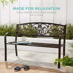 Banc d'extérieur en acier Best Choice Products, mobilier de jardin pour terrasse ou porche avec dossier à motif floral