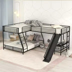 Lit superposé en métal (double au-dessus de grand), lit superposé en L pour 3 enfants, lit superposé triple robuste avec bureau et toboggan, noir