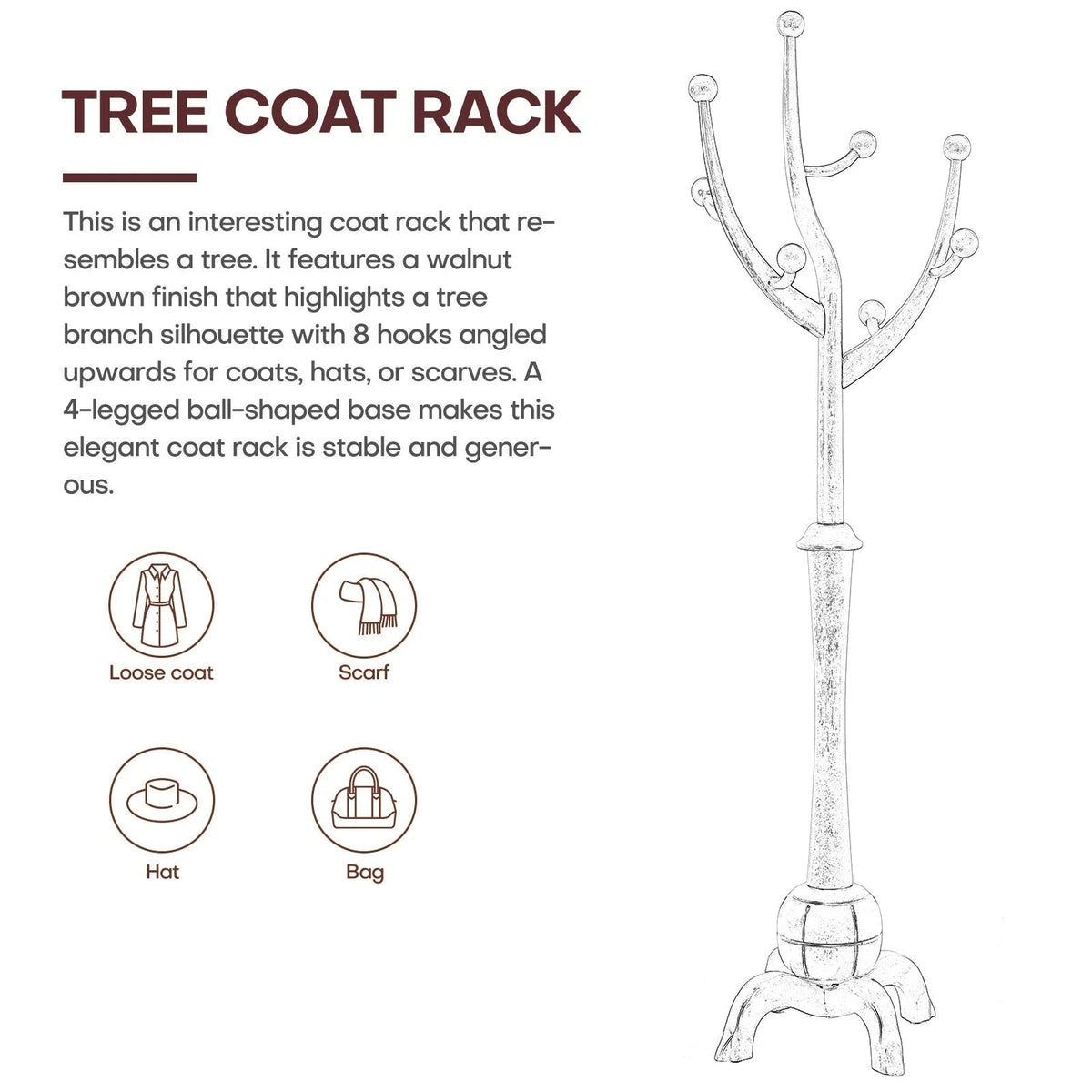 Porte-manteau sur pied en bois d'hévéa forme branche d'arbre avec 8 crochets - 24,5 L x 70,87 H