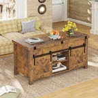 Table basse relevable avec 2 portes de grange coulissantes et rangement