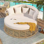 Lit de Repos Rond en Rotin d'Extérieur avec Auvent et Coussins Amovibles