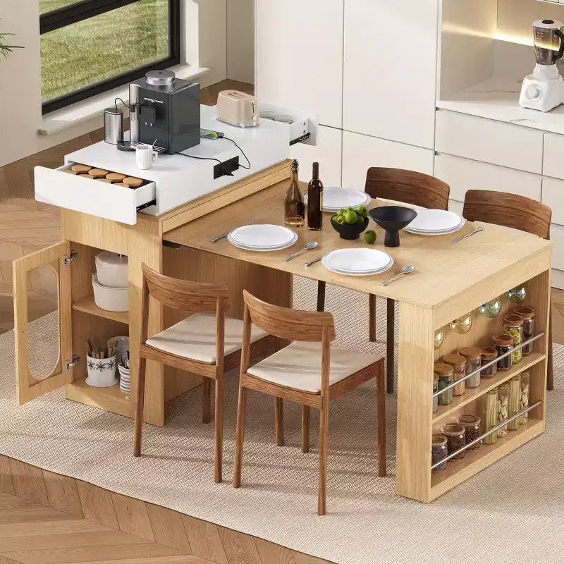 Table à manger extensible Whisen, table îlot mobile roulante avec 3 rallonges amovibles, meuble de rangement