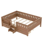 Lit pour tout-petits Bellemave Queen Size avec 14 barrières de sécurité, cadre de lit peu encombrant avec étagères intégrées et 2 tiroirs de rangement sous le lit