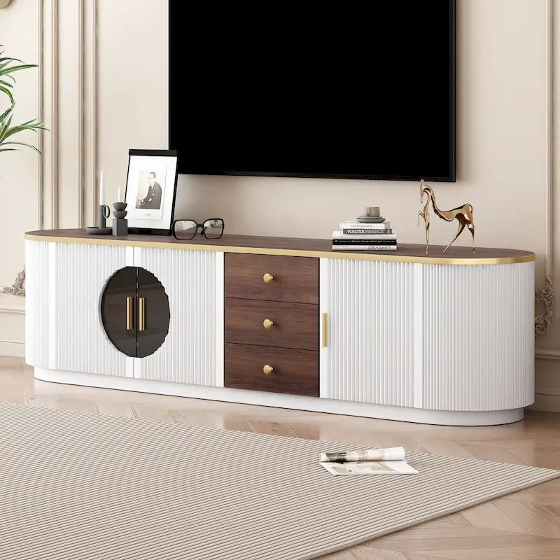 Meuble TV moderne minimaliste de 180 cm pour téléviseurs jusqu'à 80 pouces, centre de divertissement avec 3 tiroirs et 1 étagère, poignées en métal