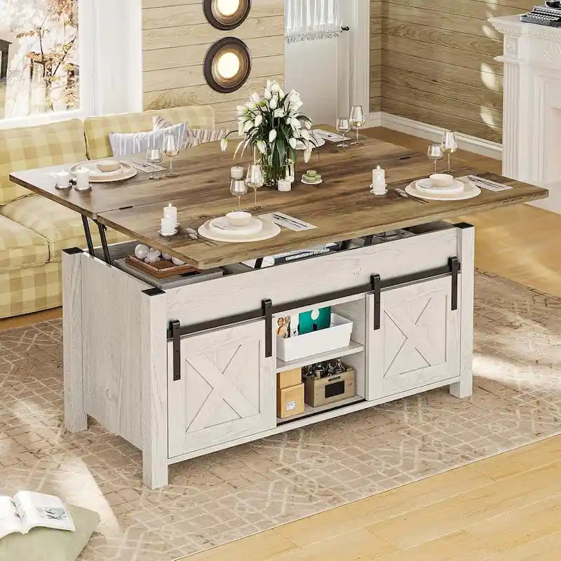 Table basse relevable avec 2 portes de grange coulissantes et rangement