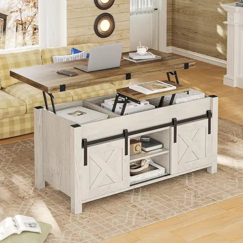 Table basse relevable avec 2 portes de grange coulissantes et rangement