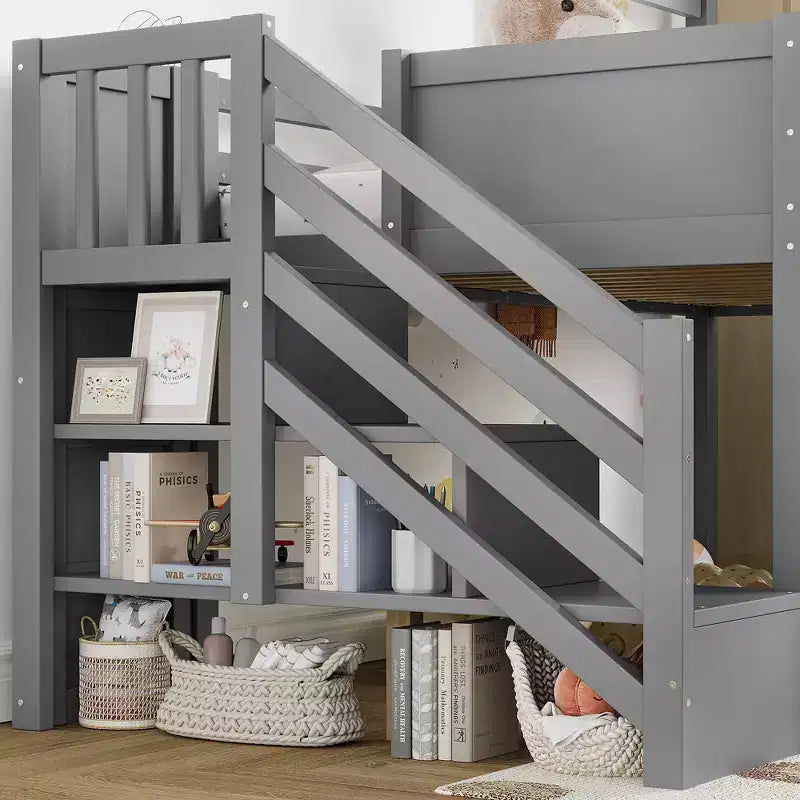 Lit mezzanine simple avec 3 tiroirs et escalier de rangement, structure cabane en bois avec toboggan et bureau amovible
