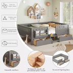 Lit pour tout-petits Bellemave Queen Size avec 14 barrières de sécurité, cadre de lit peu encombrant avec étagères intégrées et 2 tiroirs de rangement sous le lit