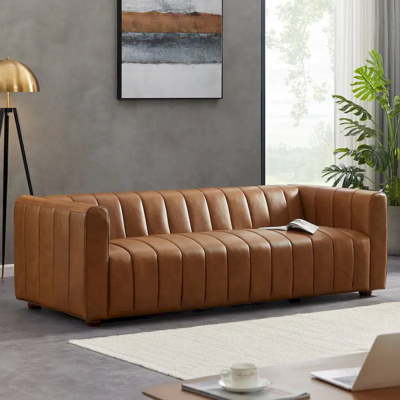 Clarence Mid Century Full Grain Leather Designer Couch in Tan Color