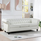 Canapé Chesterfield 3 places 84 po avec accoudoirs roulés et garniture cloutée argentée | Blanc
