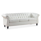 Canapé Chesterfield 3 places 84 po avec accoudoirs roulés et garniture cloutée argentée | Blanc
