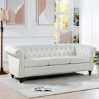 Canapé Chesterfield 3 places 84 po avec accoudoirs roulés et garniture cloutée argentée | Blanc