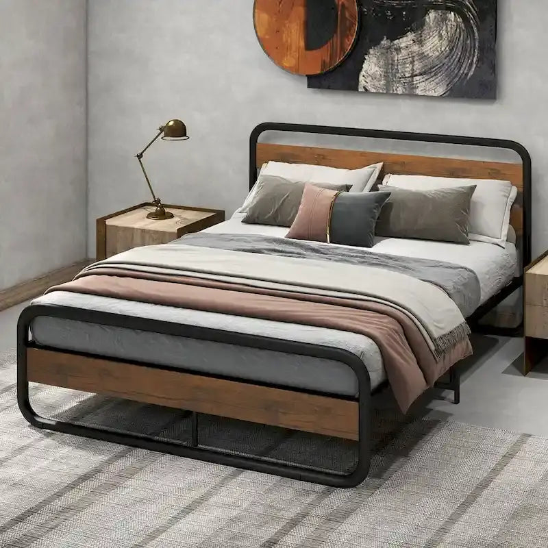 Costway Metal Bed Frame Arc Platform Headboard Footboard Mattress - Black