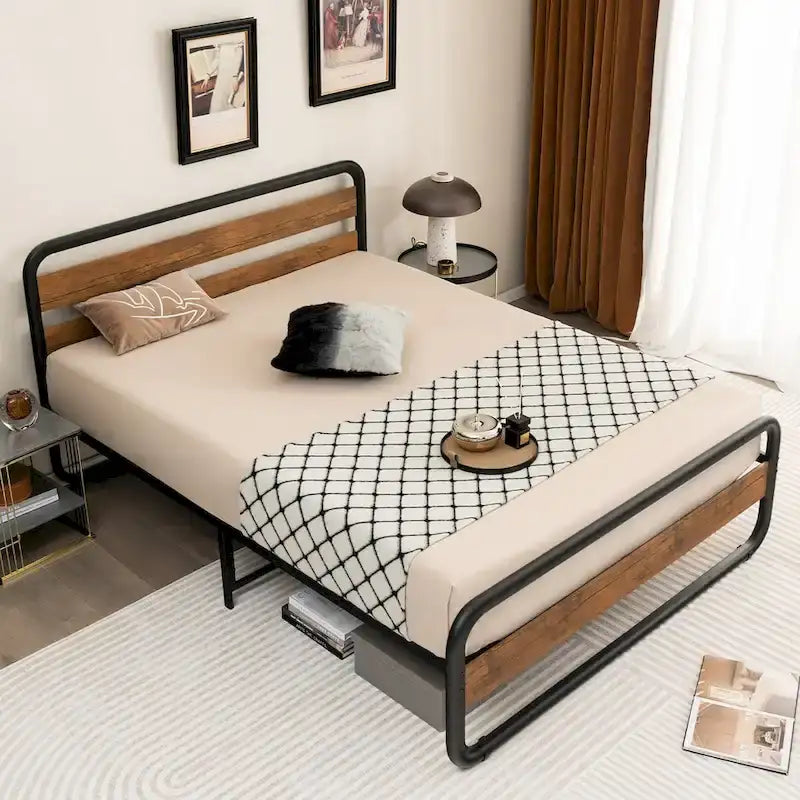 Costway Metal Bed Frame Arc Platform Headboard Footboard Mattress - Black