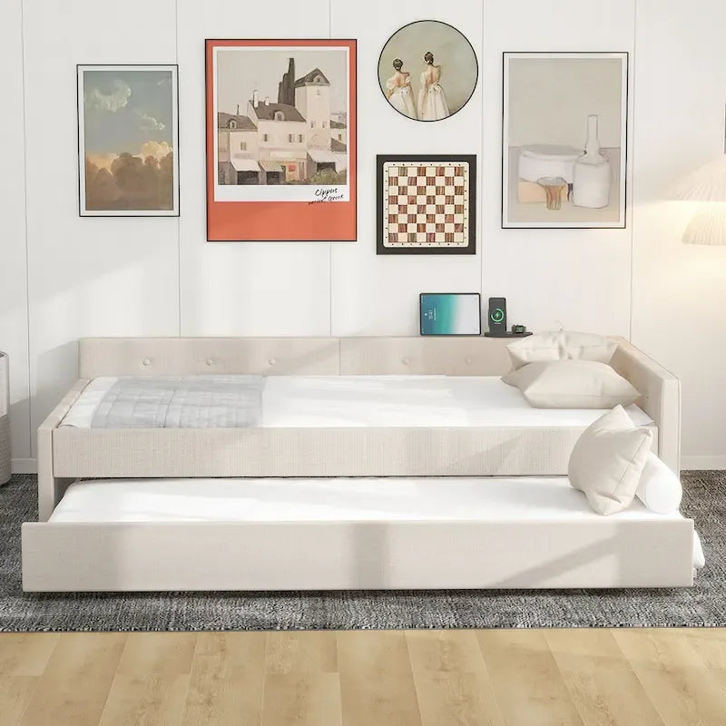 Full Upholstered Platform Bed with USB and Trundle