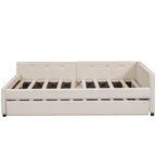 Lit plateforme rembourré pleine grandeur avec lit gigogne double et ports USB | Lin | Beige