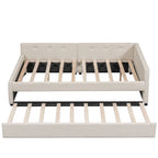 Lit plateforme rembourré pleine grandeur avec lit gigogne double et ports USB | Lin | Beige