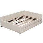 Lit plateforme rembourré pleine grandeur avec lit gigogne double et ports USB | Lin | Beige