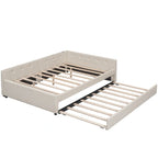 Lit plateforme rembourré pleine grandeur avec lit gigogne double et ports USB | Lin | Beige