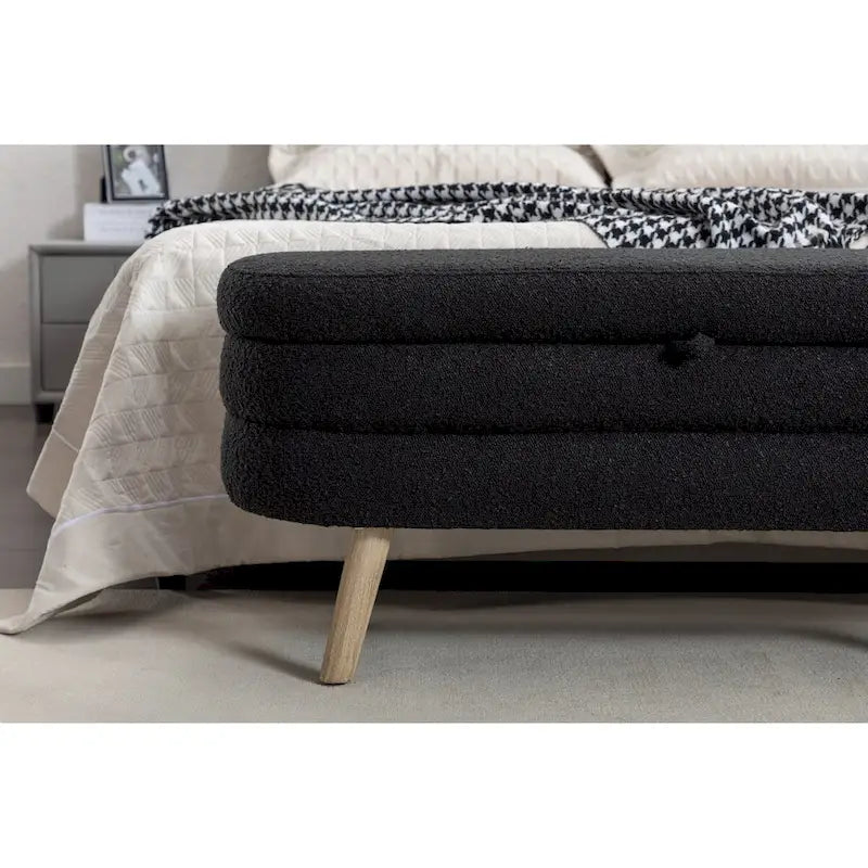 Boucle Fabric Storage Bench Bedroom Bench With Wood Legs For Living Room Bedroom Indoor,Black