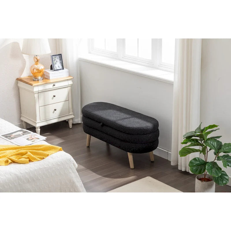 Boucle Fabric Storage Bench Bedroom Bench With Wood Legs For Living Room Bedroom Indoor,Black
