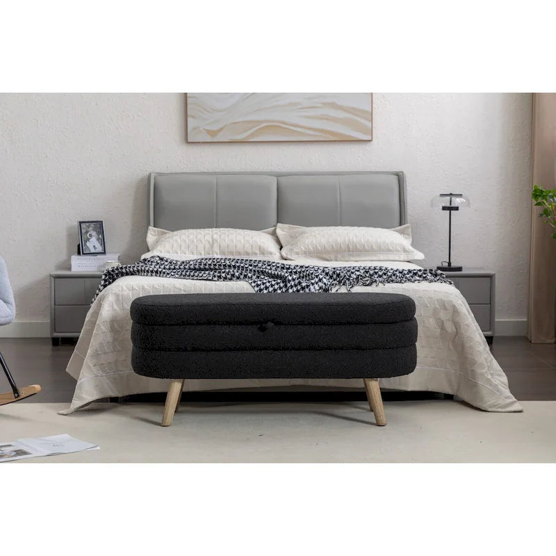 Boucle Fabric Storage Bench Bedroom Bench With Wood Legs For Living Room Bedroom Indoor,Black