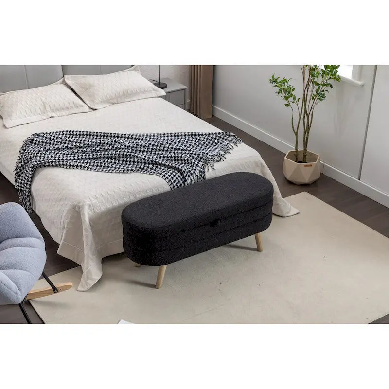 Boucle Fabric Storage Bench Bedroom Bench With Wood Legs For Living Room Bedroom Indoor,Black