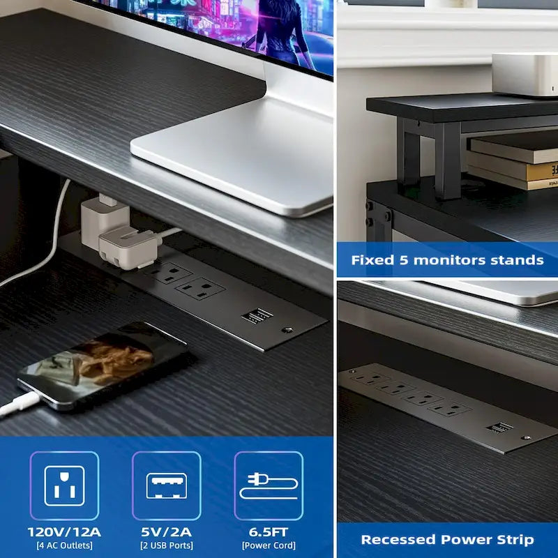 L-Shaped Desk with LED Lights & Power Outlet