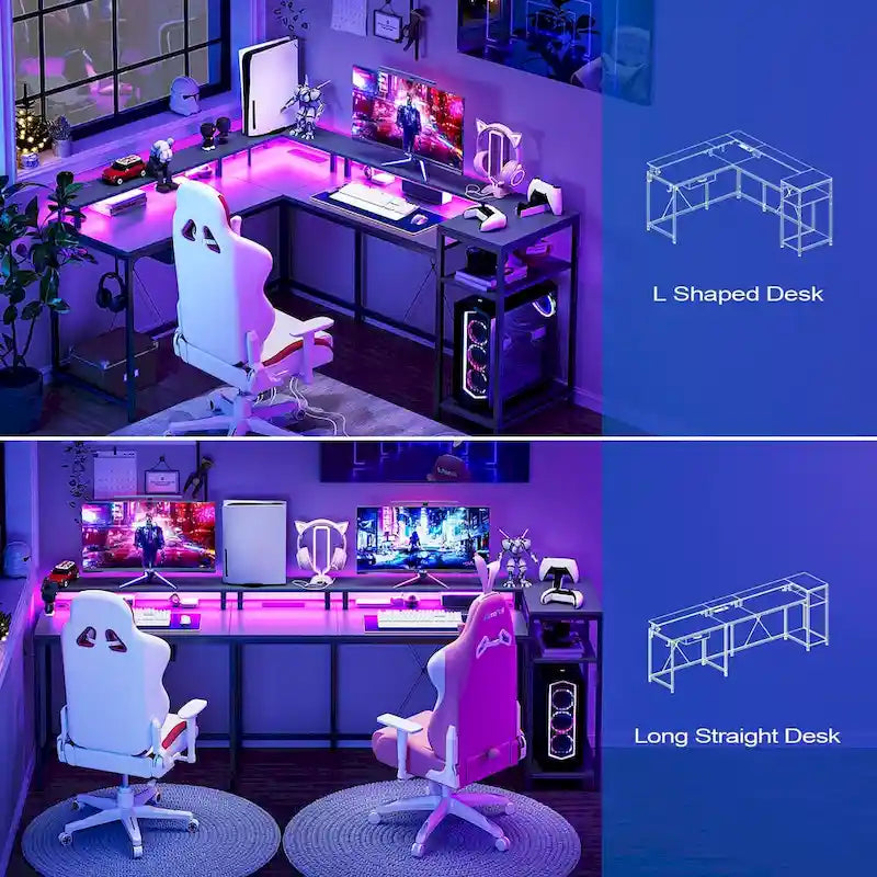 L-Shaped Desk with LED Lights & Power Outlet